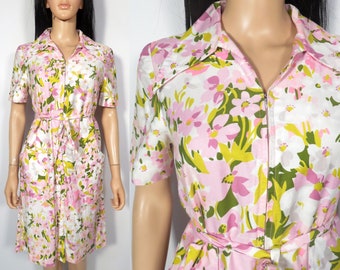 Vintage 60s Spring Floral Cotton Dress With Deep Pockets Size M