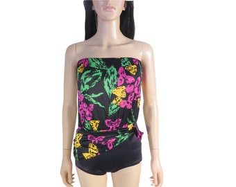 Vintage 80s/90s Neon Abstract Tropical Print Strapless Bathing Suit Size M