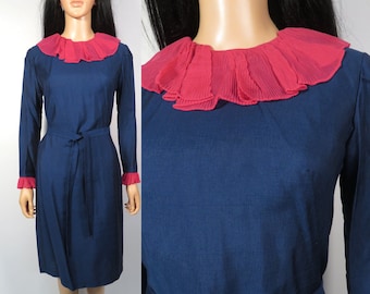 Vintage 50s/60s Lino Pulido Azul Profundo Con Magenta Micro Plisado Cuello de Gasa Y Puños Vestido de Fiesta Vestido de Fiesta Talla S
