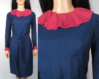 Vintage 50s/60s Polished Linen Deep Blue With Magenta Micro Pleated Chiffon Collar And Cuffs Party Dress Holiday Dress Size S