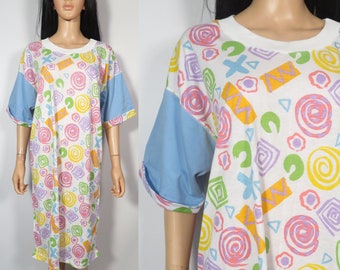 Vintage 90s Squiggle Doodle Print Cotton Night Shirt Tshirt Dress Nightgown Size M/L