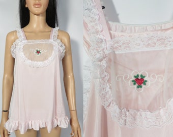 Vintage 80s Frilly Pink 2 Piece Pajama Lingerie Panty Set With Sheer Panel Made In USA Size M