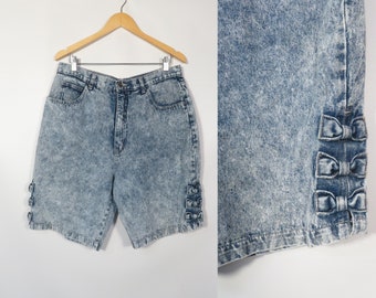 Vintage 80s High Waist Acid Wash Denim Shorts With Bow Detail Size 34 Waist