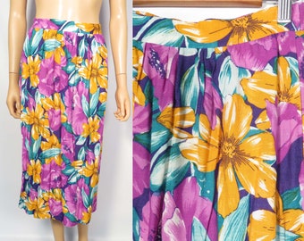 Vintage 80s/90s Bright Tropical Floral Rayon Elastic Waist Midi Skirt With Pockets Made In USA Size S/M