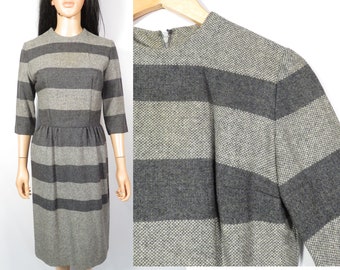 Vintage 50s Gray Striped Wool Day Dress Made In USA Size XS