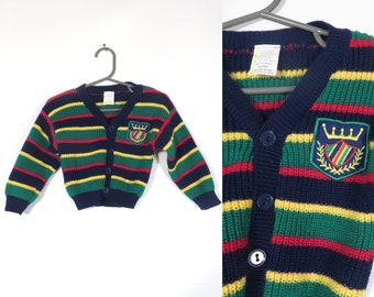Vintage 80s Baby Striped Button Up Cardigan With Crest Patch Size 12M
