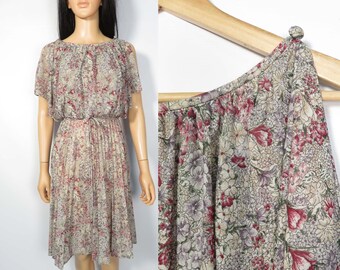 Vintage 70s Floral Semi Sheer Lightweight Dolman Sleeve Pleat Skirt Dress Size S