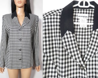 Vintage 90er Jahre Schwarz-weißer Gingham-Karo-Print-Blazer mit Kettendetail, hergestellt in den USA, Größe M