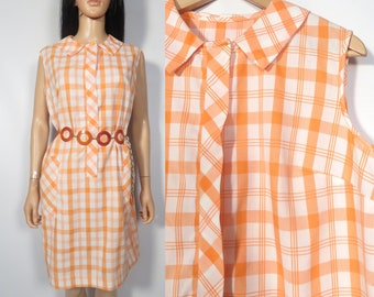 Vintage 60s Orange Sherbet Plaid Picnic Dress House Dress Size L