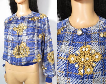 Vintage 80s Lightweight Secretary Gold Jewel Print Blouse Size M