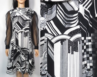 Vintage 60s/70s Abstract Psychedelic Print Sheer Sleeve Designer Dress Size M