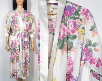 Vintage 90s Cotton Floral Loungewear Short Robe Made In USA Size S/M/L