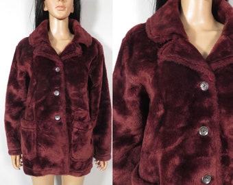 Vintage 90s Free People Burgundy Faux Fur Button Up Jacket Made In USA Size Up To L