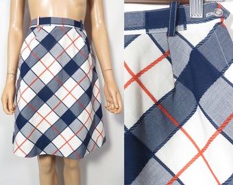 Vintage 60s Mod Plaid Red White And Blue High Waist A Line Midi Skirt Size 23 Waist