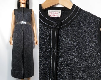 Vintage 60s Silver Metallic Lurex And Black Knit Button Front Holiday Maxi Dress Union Label Size M