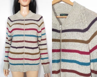 Vintage 70s Striped Zip Up Cardigan With Pockets Size S/M