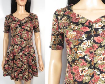 Vintage 90s Grunge Floral Babydoll Button Front Tshirt Material Cotton Mini Dress Made In USA Size S