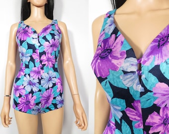 Vintage 80s Does 60s Bright Floral One Piece Swimsuit Made In USA Size 10 M/L