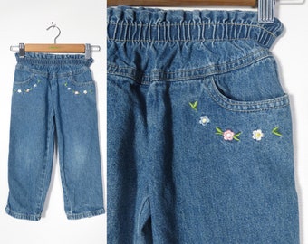 Vintage 90s Girls Jeans With Embroidered Flower Detail And Elastic Waist Size 3T