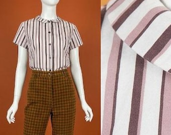 Vintage 60s Brown Striped Tailored Blouse Size M/L