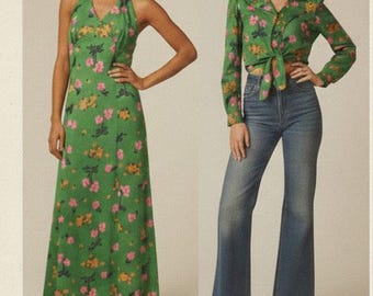 Vintage 70s Floral Halter Dress With Matching Long Sleeve Top Size XS/S
