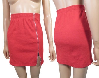 Vintage 90s Ribbed Jersey Knit Bright Red High Waist Zipper Slit Mini Skirt Size S/M