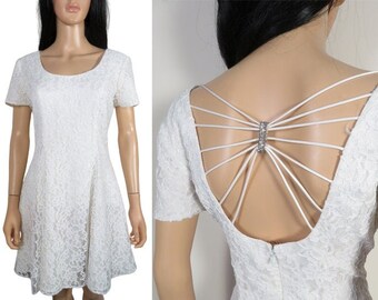 Vintage 90s White Lace Mini Dress With Cage Scoop Back Size S/M