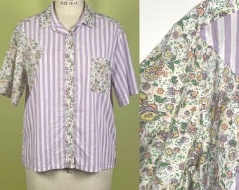 Vintage jaren 90 plus-maten lente bloemen volledig katoenen gestreepte blouse maat 16 XL