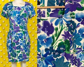 Vintage 1980s Silk Watercolor Floral Print Dress Size M