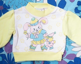 Vintage 80s Kids Bunny Print Puffy Paint Sweatshirt Size 0-6M