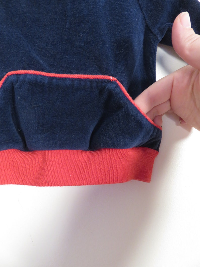Vintage 60s/70s Baby Navy Blue With Red Accents Velour Top With Kangaroo Pocket Size 3-6M image 5