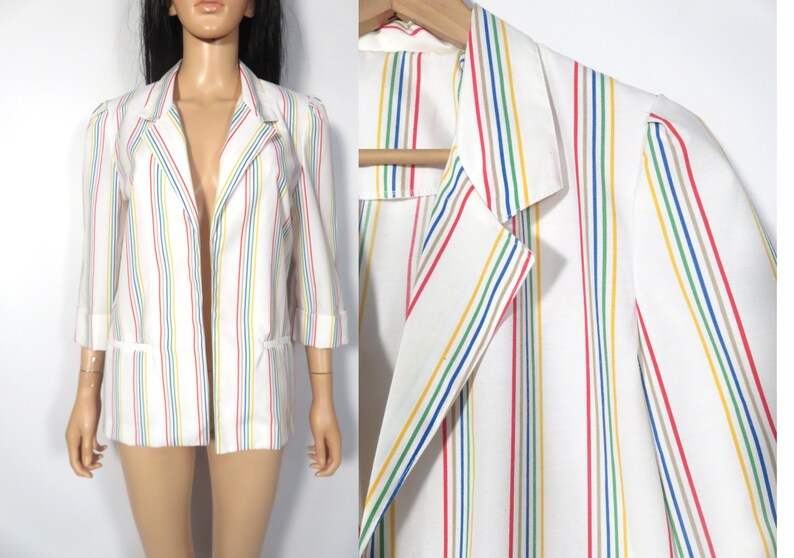 Vintage 80s Rainbow Stripe Lightweight Cotton Blazer Size M/L image 1