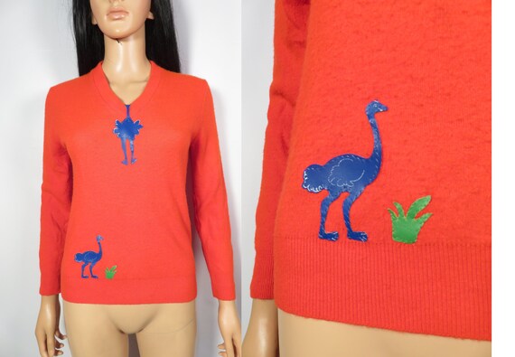 Vintage 70s Novelty Ostrich Emu Patch Bright Cher… - image 1