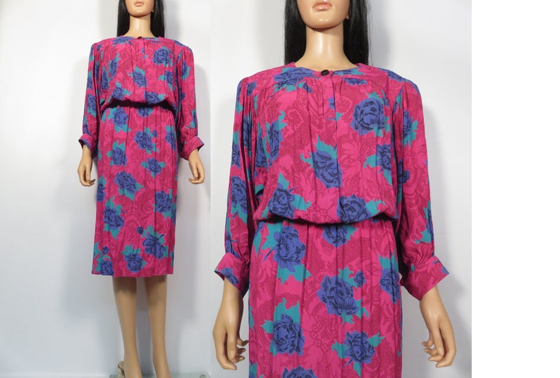 Vintage 80s Rose Print Secretary Dress Size S image 1