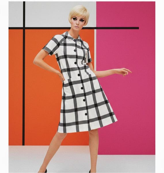 60's black and white checkered dress Vintage 60s Gingham Dress, Black White Check, Victorian Style UK 10