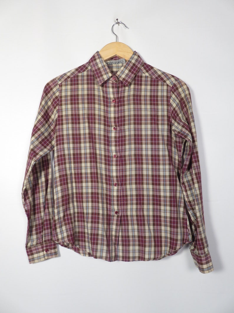 Vintage 70s Paper Thin Plaid Blouse Size M image 2