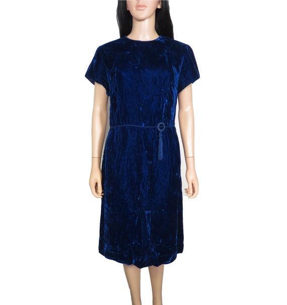 Vintage 60s Royal Blue Velvet Cocktail Dress Size… - image 1