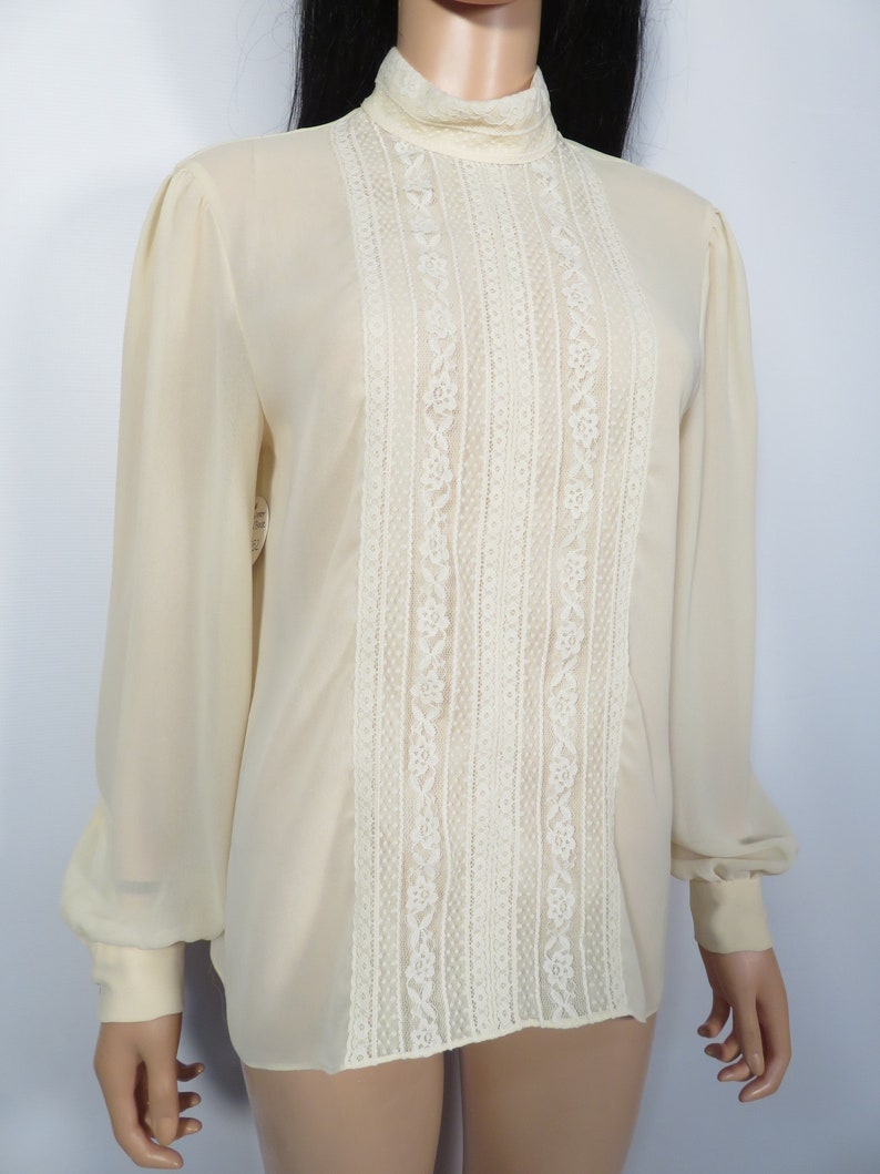 Vintage 70s Designer Pierre Cardin Lightweight Sheer Lace Panel Blouse Size L image 8