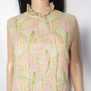 Vintage 60s Neon Paisley Ruffle Frilly Collar Button Back Lightweight Top Size M/L image 9