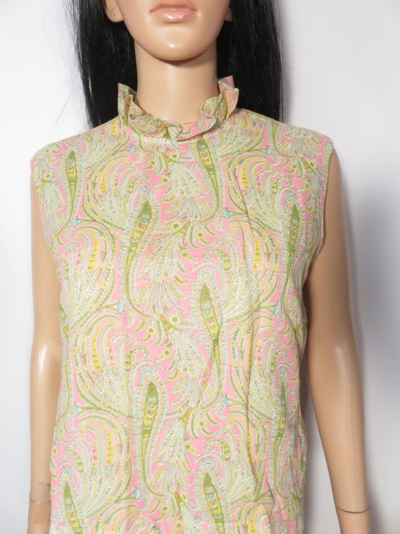 Vintage 60s Neon Paisley Ruffle Frilly Collar Button Back Lightweight Top Size M/L image 9