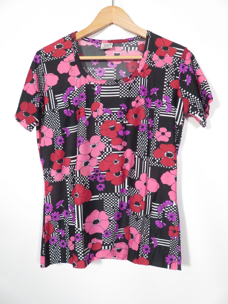 Vintage 60s Flower Power Op Art Poppy Print Nylon Top Size XL image 2