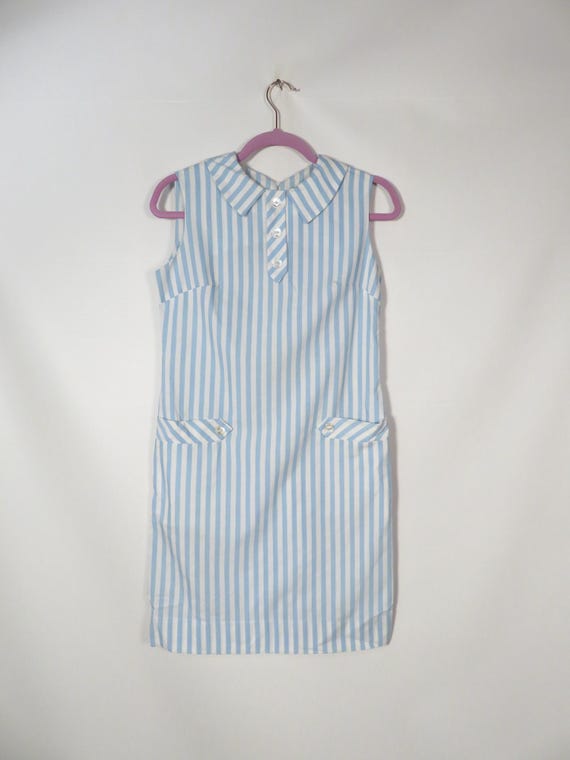 Vintage 60s Pastel Blue Striped Shift Dress With Pockets Union Label Made In USA Size S