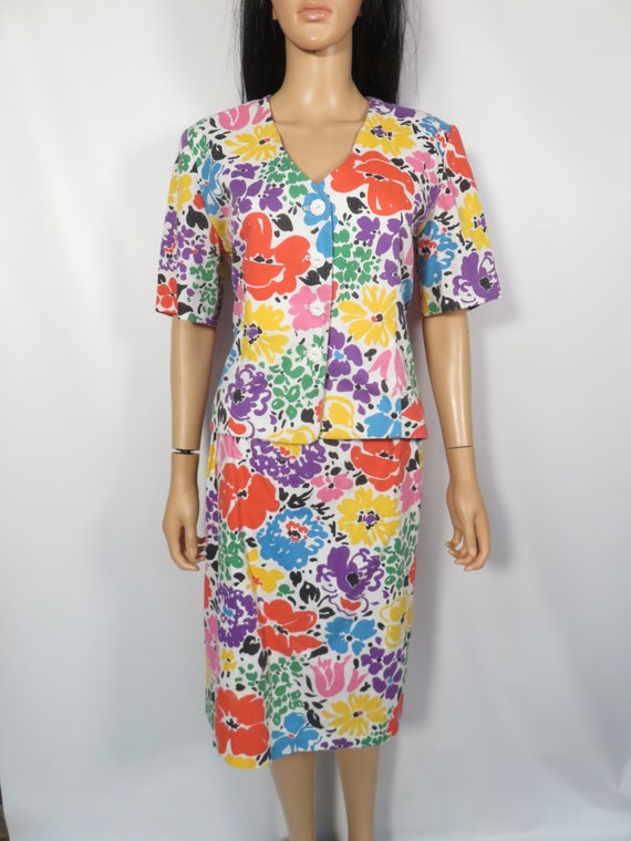 Vintage 80s Bold Floral Cotton 2 Piece Skirt Set … - image 6