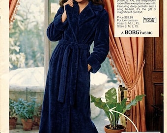 Vintage 1970s Plush Fuzzy Dark Blue Robe Made In USA Size M