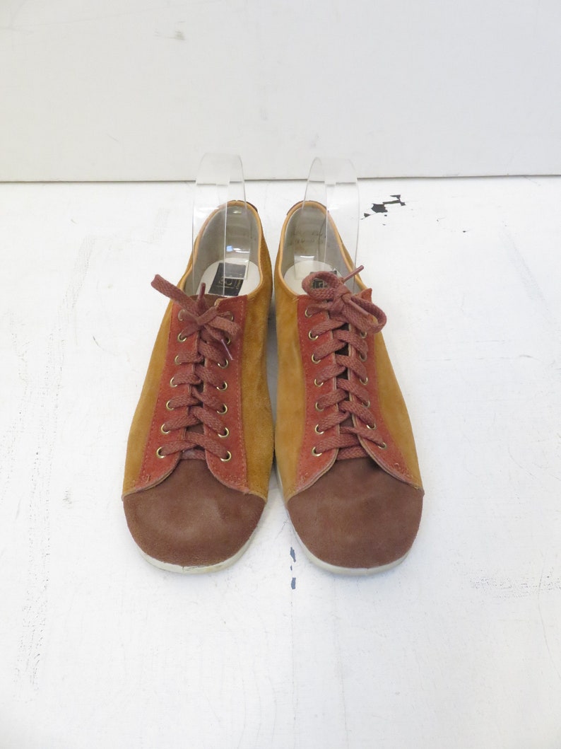 Vintage 70s Tri Tone Suede Lace Up Color Block Bowling Shoes Size 9
