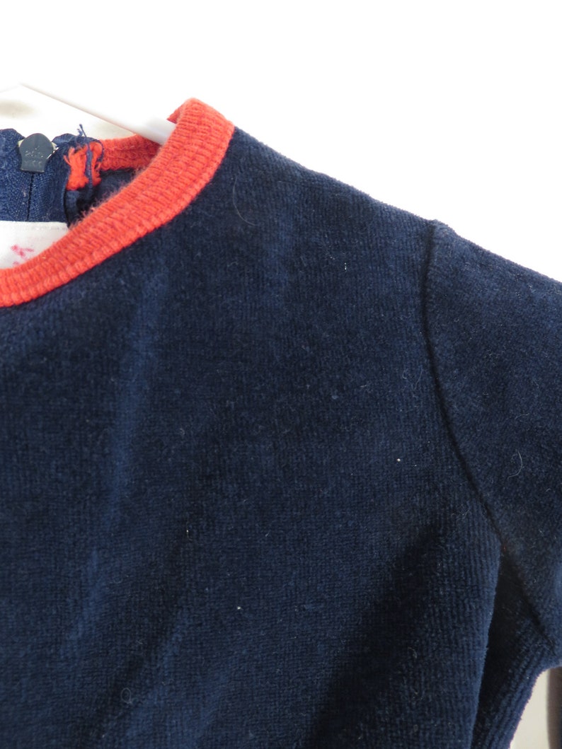 Vintage 60s/70s Baby Navy Blue With Red Accents Velour Top With Kangaroo Pocket Size 3-6M image 2