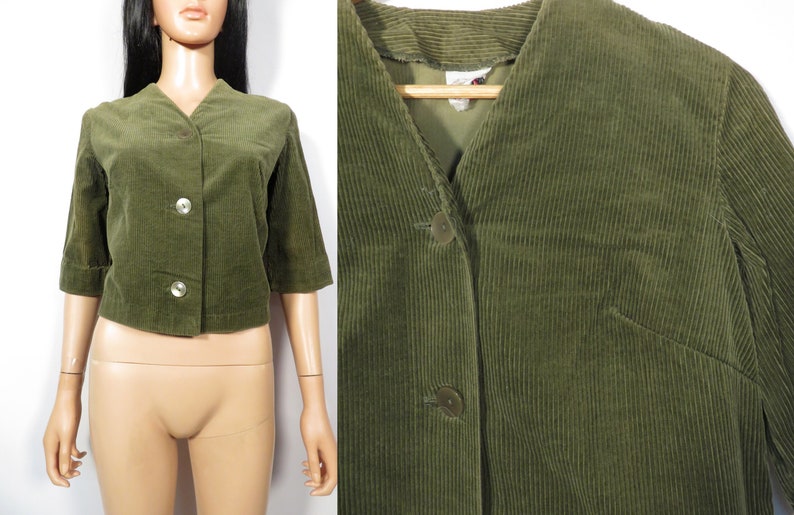 Vintage 60s Olive Green Cropped Corduroy Jacket With Half Sleeves Size M image 1