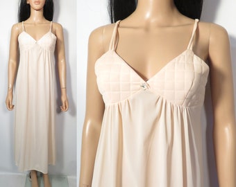 Vintage 70s Peach Nightgown Maxi Slip Dress With Quilted Bust Made In USA Size S/M