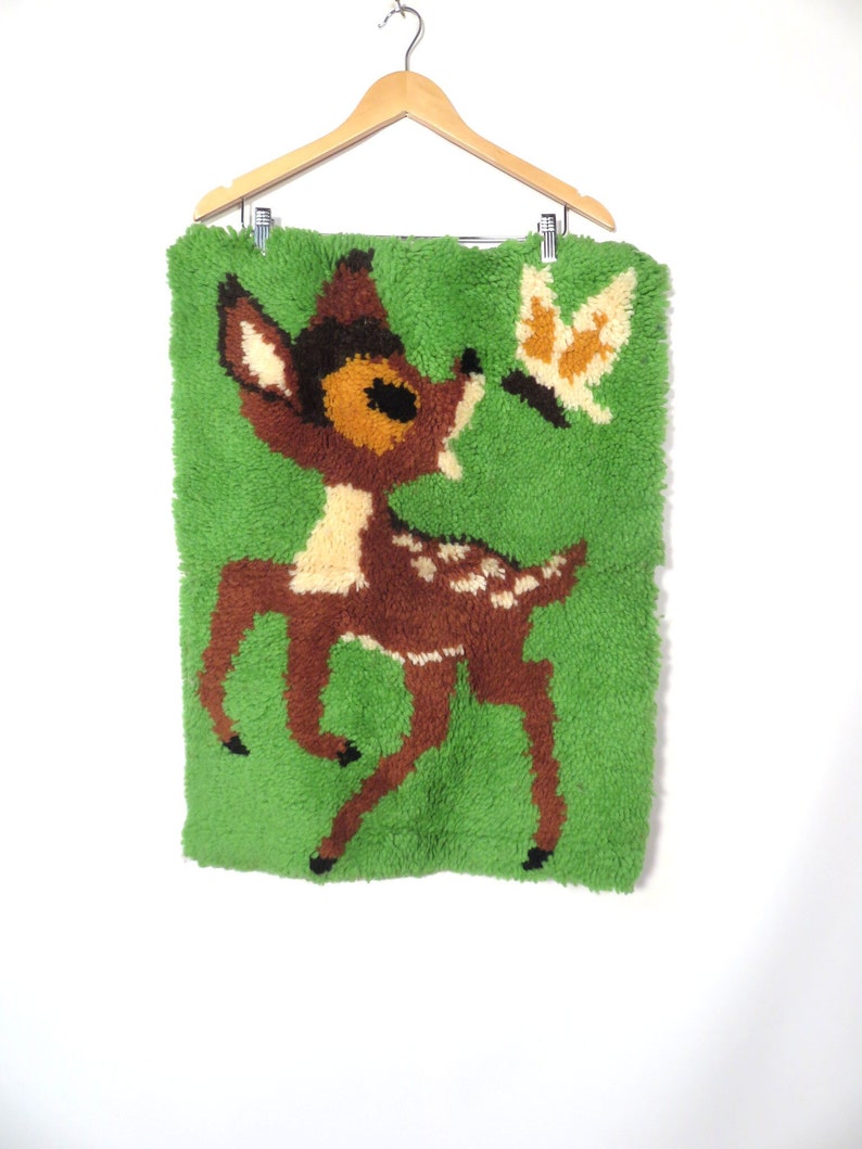 Vintage Latch Hook Deer Butterfly Wall Hanging Bambi image 2