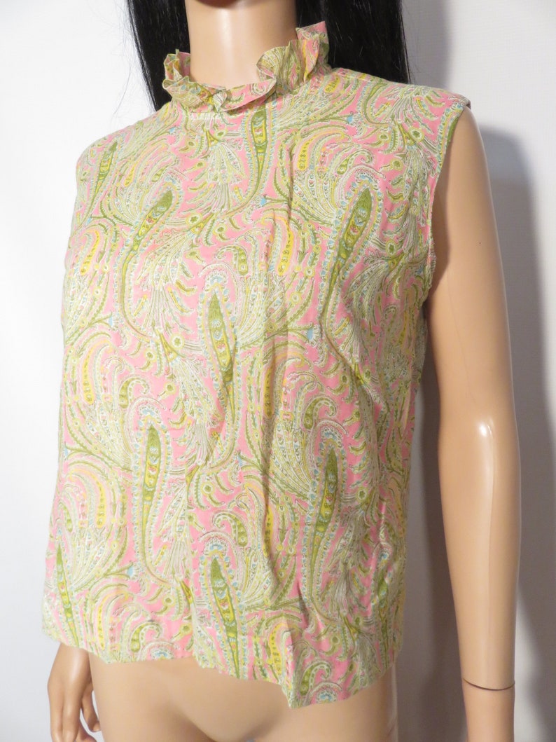 Vintage 60s Neon Paisley Ruffle Frilly Collar Button Back Lightweight Top Size M/L image 8